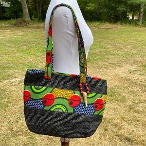 CHIKUMBUSO BAG TOTE SHOULDER NAVY BLUE WOVEN FABRIC HANDLES BEAD ACCENT HANDMADE